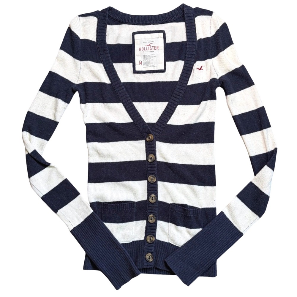 Rare Y2K Hollister Navy Blue‎ Striped V-Neck Button Front Cardigan Sweater M